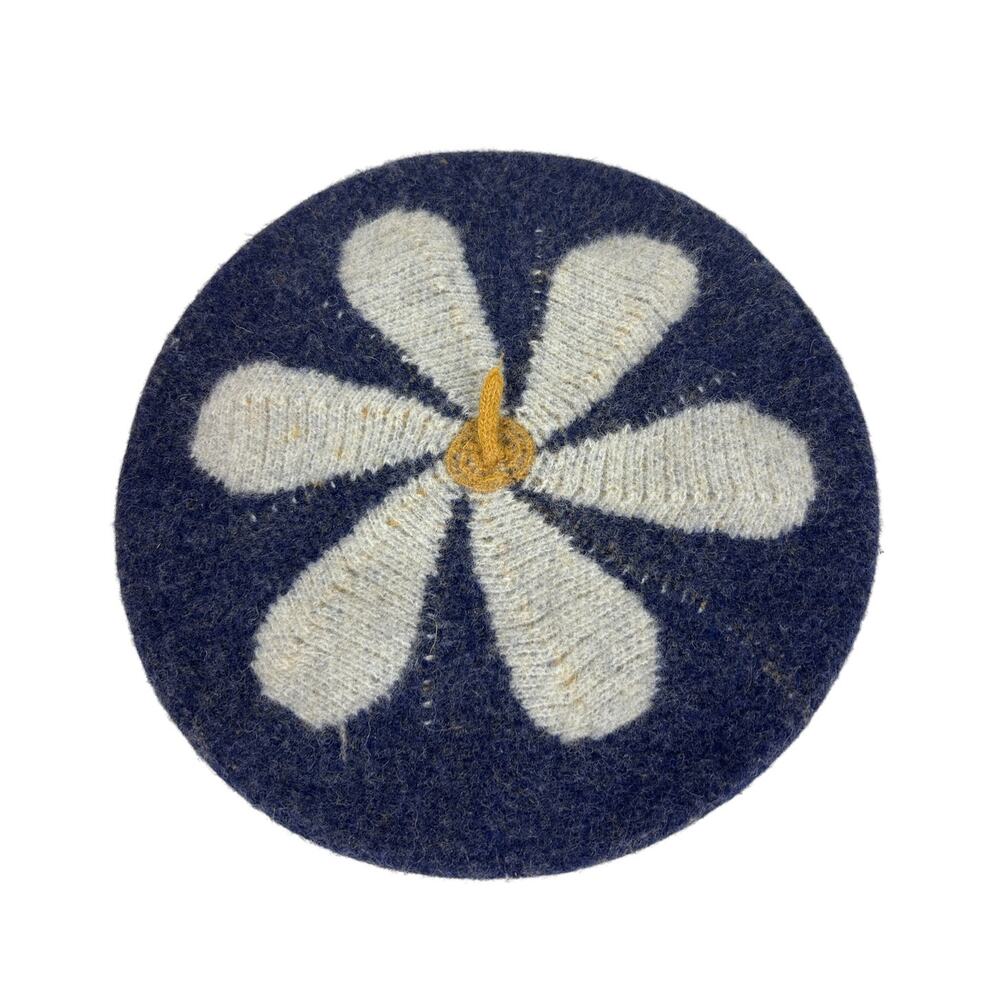 Free People Woven Daisy Flower Navy Blue Beret Hat
